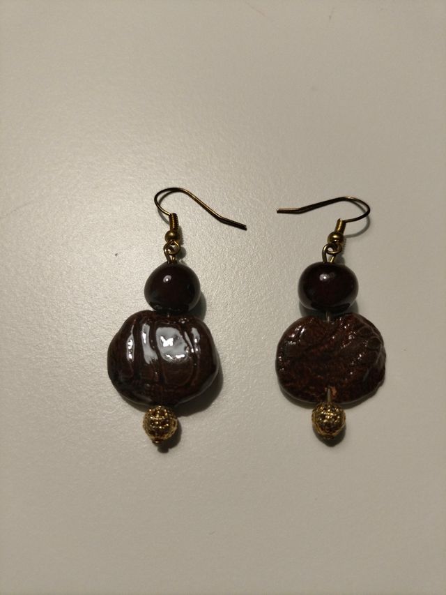 Orecchini Ceramica raku marrone e oro