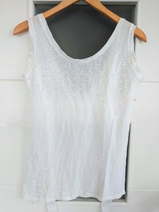 Talla 36 - Top blanco con lino y lentejuelas 