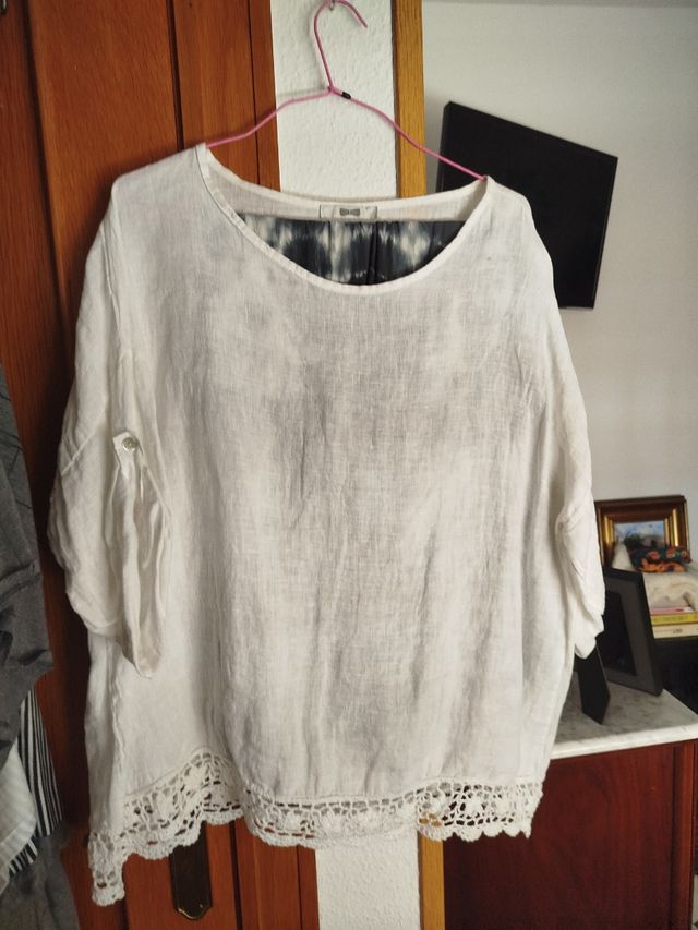 Blusón y pantalón lino blanco-gris