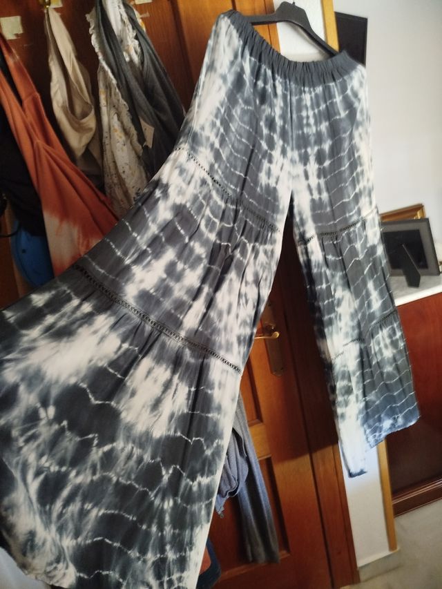 Blusón y pantalón lino blanco-gris