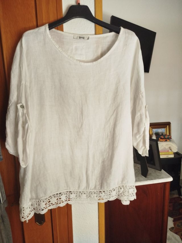 Blusón y pantalón lino blanco-gris