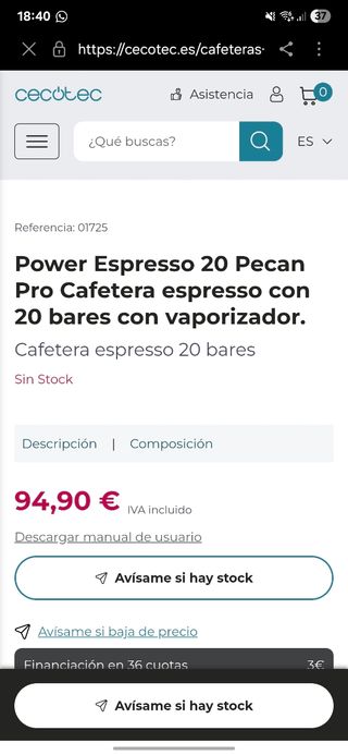 Cafetera Espresso Cecotec 20 bares