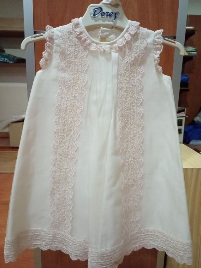 Vestido y capota bebé Dorez T.única, crudo y rosa