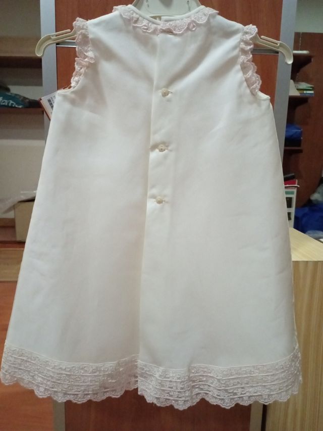 Vestido y capota bebé Dorez T.única, crudo y rosa