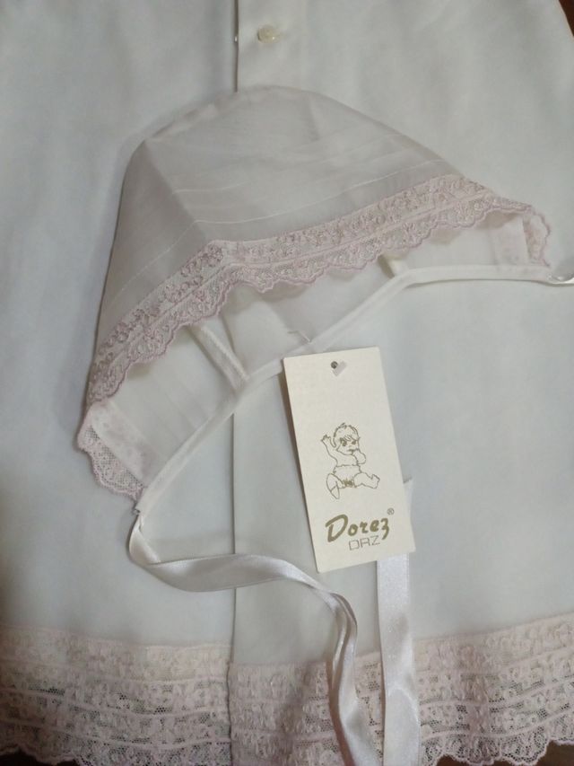 Vestido y capota bebé Dorez T.única, crudo y rosa