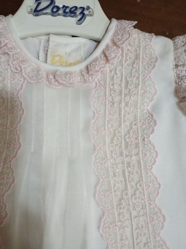 Vestido y capota bebé Dorez T.única, crudo y rosa