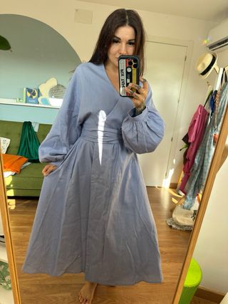 Vestido Kimono Lino Azul One size  XXL