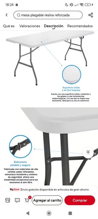 Mesa plegable blanca 150x70x74cm