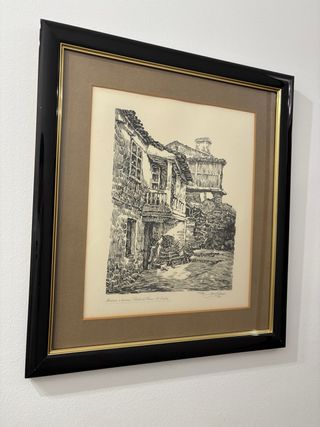 Grabado antiguo: Calle de pueblo