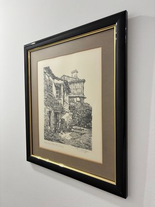 Grabado antiguo: Calle de pueblo