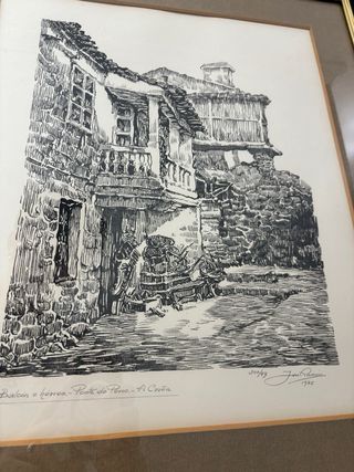 Grabado antiguo: Calle de pueblo