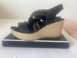 Cuñas esparto negras doradas 37 piel y elastico 