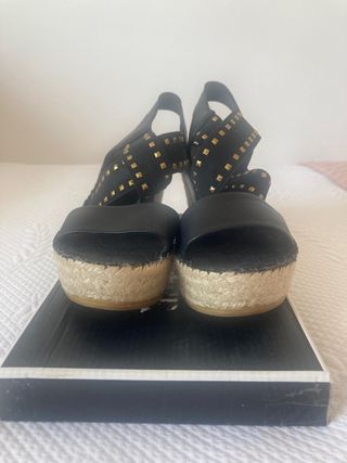 Cuñas esparto negras doradas 37 piel y elastico 