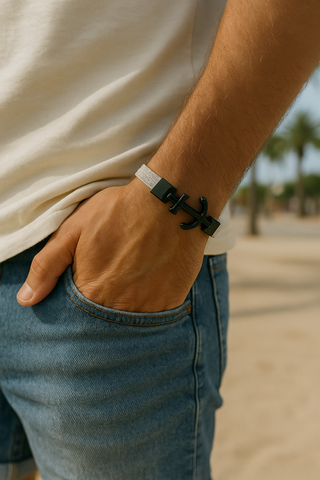 Bracciale uomo ancora nero opaco con cinturino 