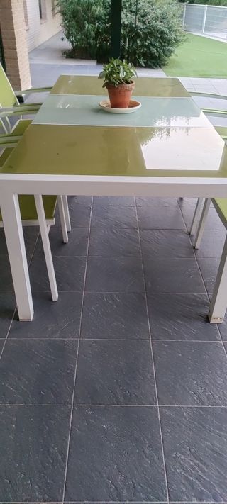 Mesa+6 sillas jardín - aluminio-vidrio verde 