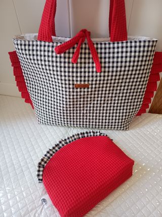 Bolso tote + neceser a juegotela Vichy negro y waf