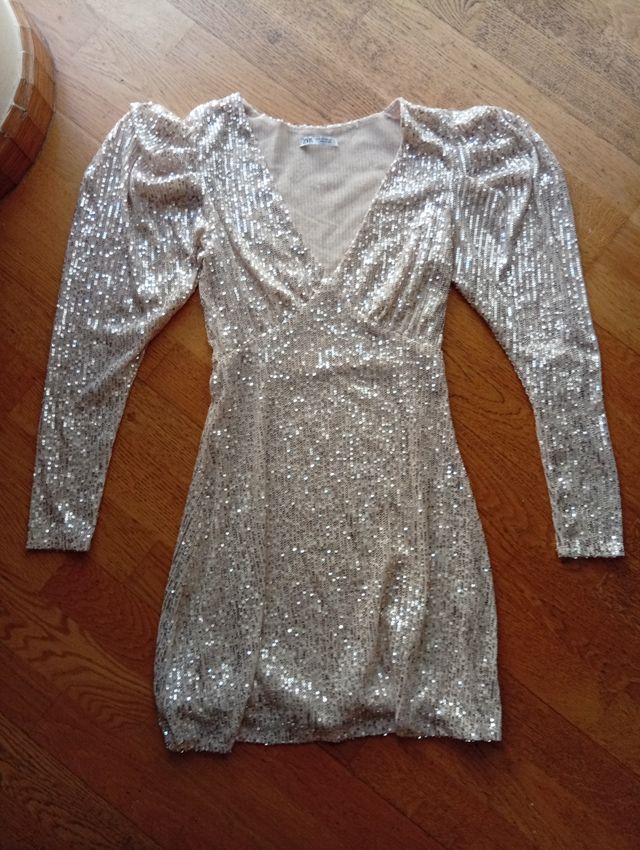 Vestido Zara beige lentejuelas talla S