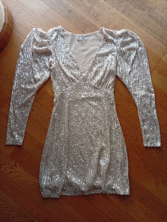 Vestido Zara beige lentejuelas talla S