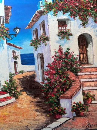 Cuadro óleo pueblo costero