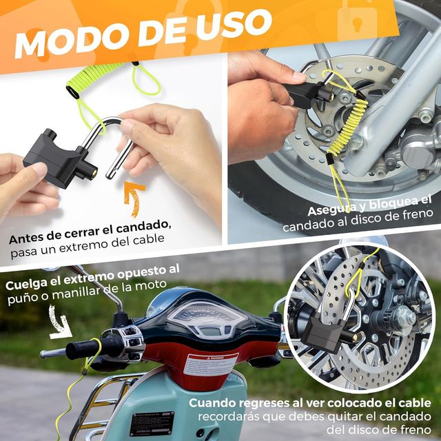 Candado moto alarma 110db + cable
