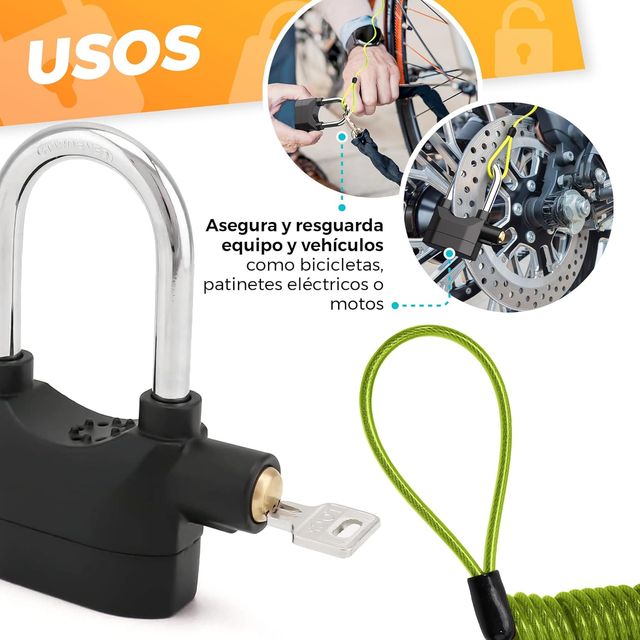 Candado moto alarma 110db + cable