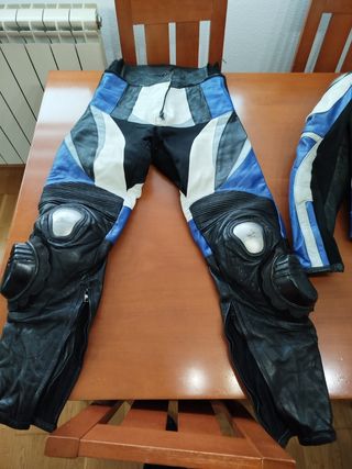 Pantalón moto cuero negro-azul c/protecciones