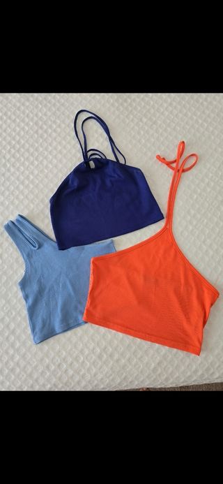 3 tops mujer: azul, naranja