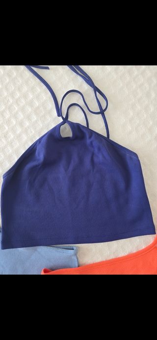3 tops mujer: azul, naranja
