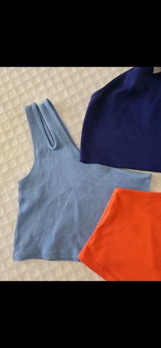 3 tops mujer: azul, naranja