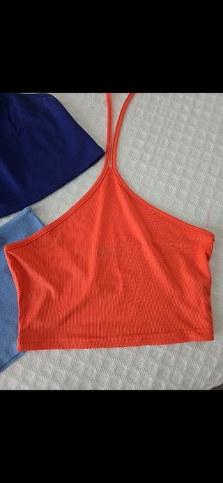 3 tops mujer: azul, naranja