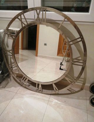 Espejo reloj pared metal plata