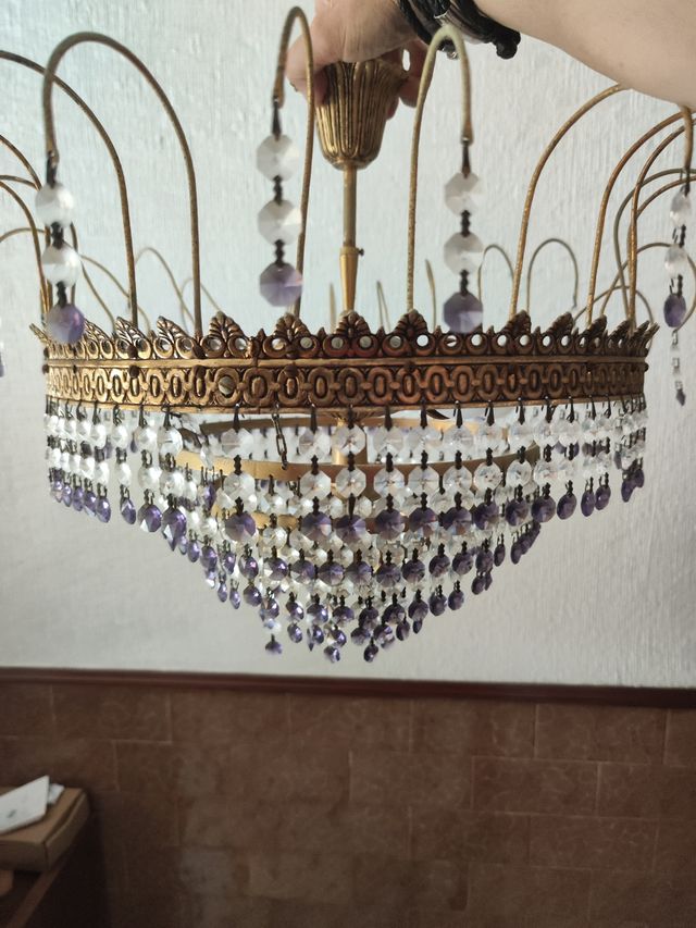 Lampara techo antigua dorada con cristales