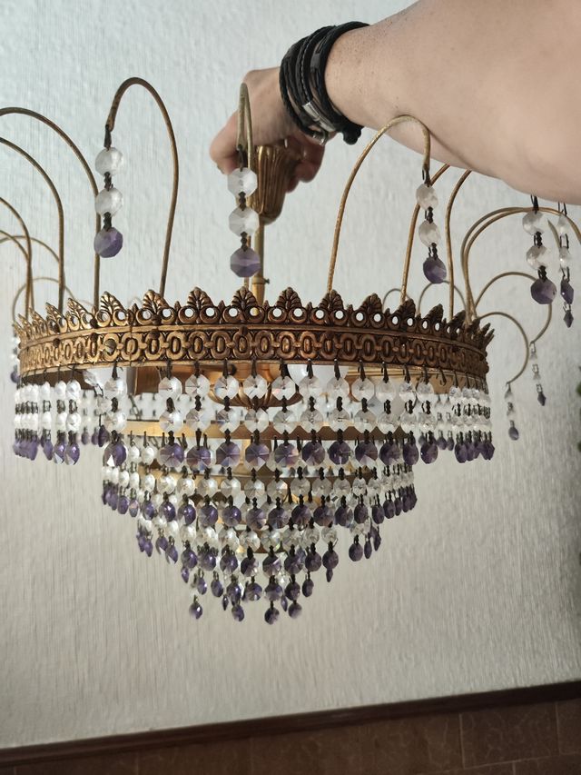 Lampara techo antigua dorada con cristales