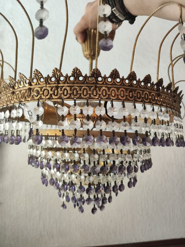 Lampara techo antigua dorada con cristales