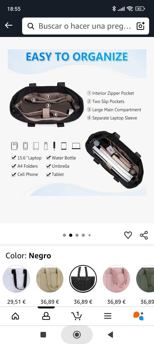 Bolso tote negro acolchado multibosillo