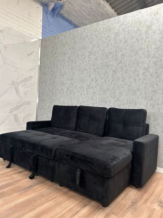 Sofá Cama Negro Terciopelo Con Arcon - Nuevo