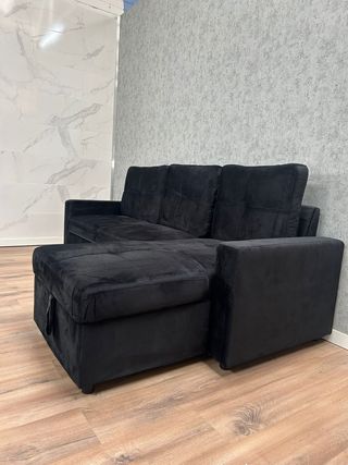 Sofá Cama Negro Terciopelo Con Arcon - Nuevo