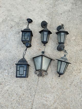 6 Faroles antiguos de metal y cristal