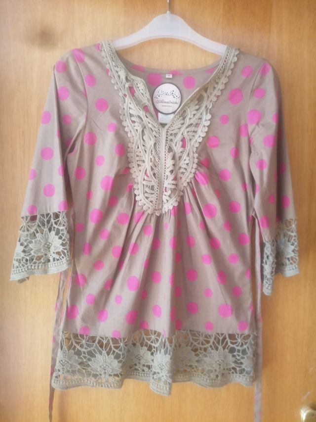 Top Almatrichi manga beige/rosa, talla M