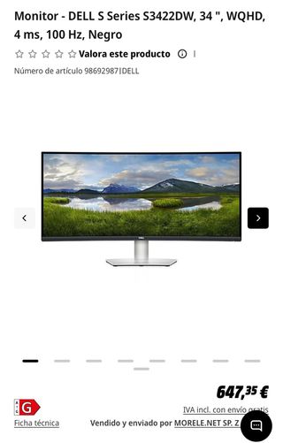 Monitor Dell S3422DW WQHD 34" ultrawide Curvo