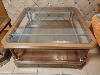 Mesas centro y auxiliar madera cristal