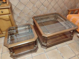 Mesas centro y auxiliar madera cristal