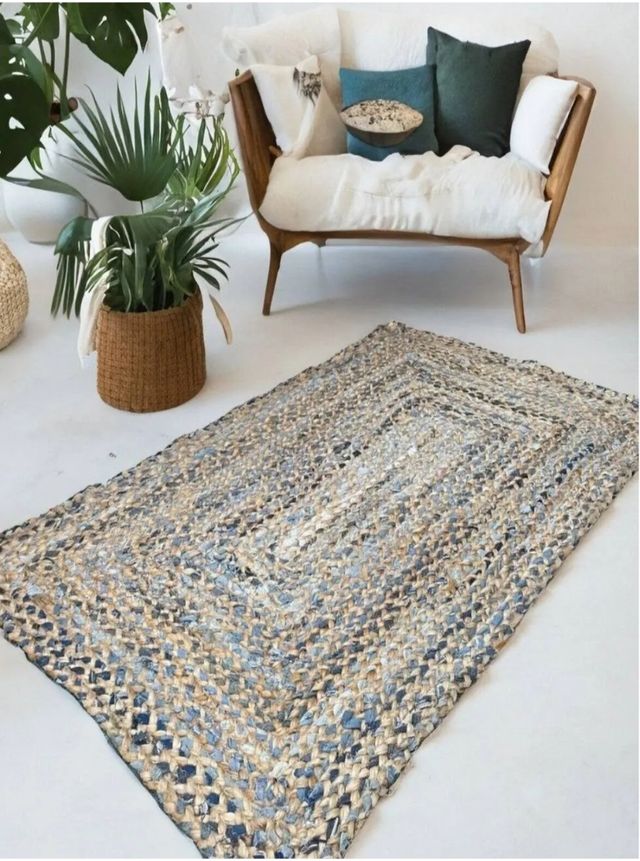 Alfombra yute algodón - beige/azul 93×160 cm