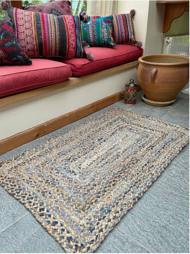 Alfombra yute algodón - beige/azul 93×160 cm