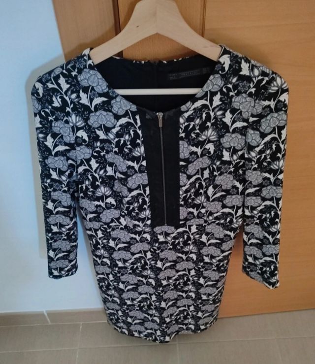 Vestido Zara M - Flores Blanco/Negro