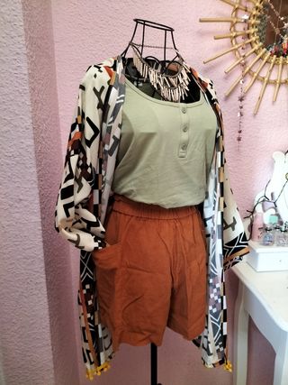 Conjunto boho - top, shorts y kimono