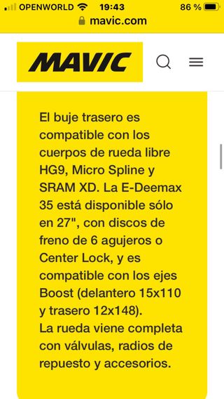 Rueda trasera Mavic EDeemax 27.5 XD 6T 35mm