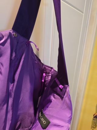 Vestido morado con torera pistacho y fajin 