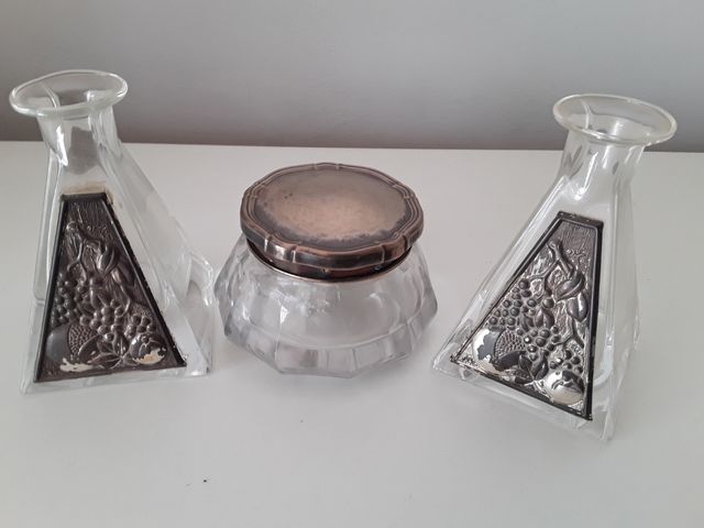 Juego tocador antiguo cristal y metal