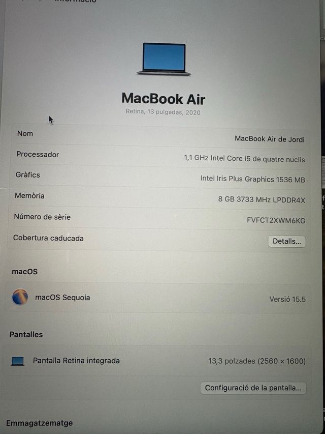 MacBook Air 2020 Gris Plata 1,1 GHz intel core i5